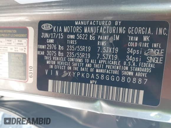 2016 Kia Sorento SXL z VIN 5XYPKDA58GG080887, wystawiony jako IAAI lot #41315725 z przebiegiem 140 831 mil mil oraz . Historia ofert i sprzedaży dostępna na DreamBid. Obrazek 9.