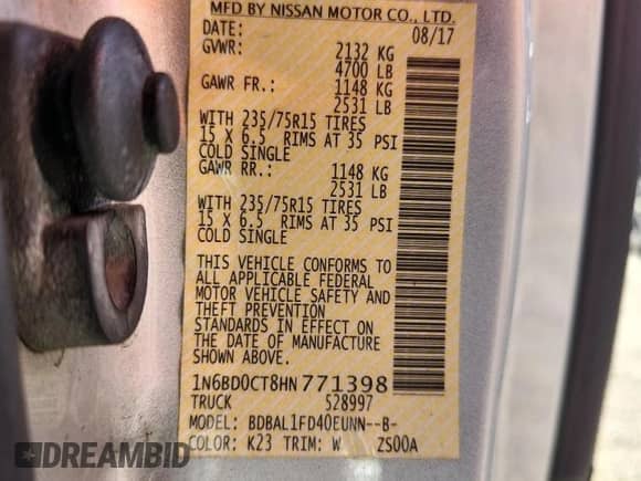 2017 Nissan Frontier S with VIN 1N6BD0CT8HN771398, listed as a Copart auction lot 81874795 with 92,773 mi miles and Salvage title. Bid and sale history available at DreamBid. Image 12.