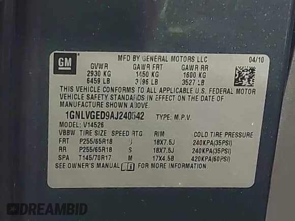 2010 Chevrolet Traverse 2LT с VIN 1GNLVGED9AJ240542, выставлен на аукционе IAAI как лот 43179411 с пробегом 161 083 миль миль и . История ставок и продаж доступна на DreamBid. Изображение 9.