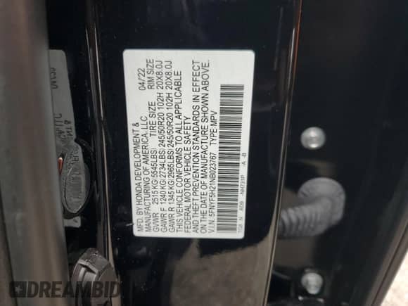 2022 Honda Pilot Special Edition with VIN 5FNYF5H21NB023767, listed as a Copart auction lot 65814435 with 63,461 mi miles and Salvage title. Bid and sale history available at DreamBid. Image 14.