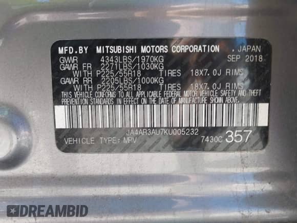 2019 Mitsubishi Outlander ES с VIN JA4AR3AU7KU005232, выставлен на аукционе IAAI как лот 43346262 с пробегом 92 364 миль миль и . История ставок и продаж доступна на DreamBid. Изображение 9.