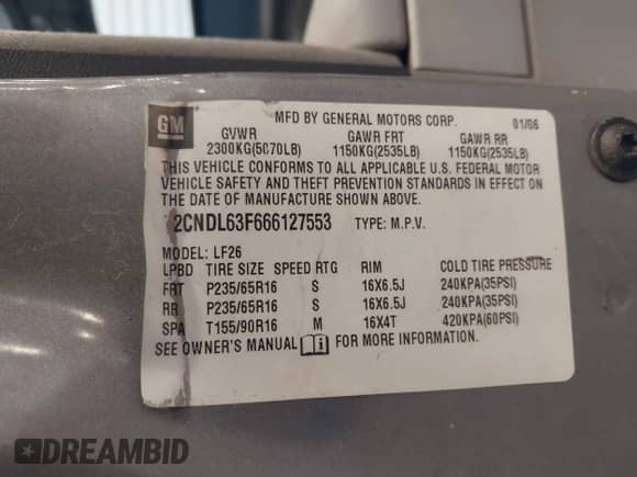 2006 Chevrolet Equinox LT z VIN 2CNDL63F666127553, wystawiony jako IAAI lot #43226031 z przebiegiem 189 355 mil mil oraz . Historia ofert i sprzedaży dostępna na DreamBid. Obrazek 9.
