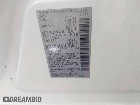 2014 Nissan Pathfinder SL with VIN 5N1AR2MNXEC650905, listed as a IAAI auction lot 41405085 with 140,012 mi miles and . Bid and sale history available at DreamBid. Image 9.