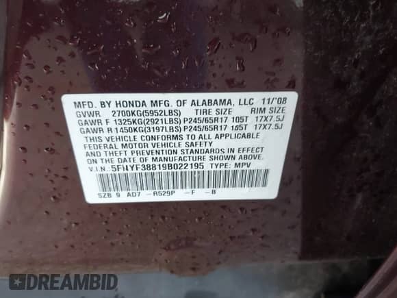 2009 Honda Pilot Touring with VIN 5FNYF38819B022195, listed as a IAAI auction lot 42850497 with 192,072 mi miles and . Bid and sale history available at DreamBid. Image 9.
