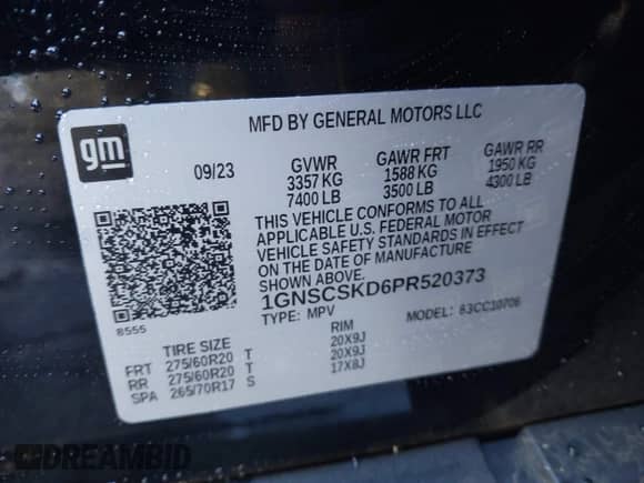 2023 Chevrolet Tahoe Premier with VIN 1GNSCSKD6PR520373, listed as a IAAI auction lot 41995216 with Not provided miles and . Bid and sale history available at DreamBid. Image 9.