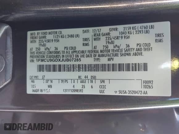 2018 Ford Escape SE с VIN 1FMCU9GDXJUB07285, выставлен на аукционе IAAI как лот 43386823 с пробегом 176 269 миль миль и . История ставок и продаж доступна на DreamBid. Изображение 9.