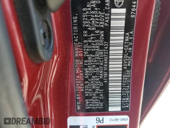 2017 Toyota Camry LE with VIN 4T1BF1FK4HU727437, listed as a Copart auction lot 81623515 with 124,472 mi miles and Salvage title. Bid and sale history available at DreamBid. Image 13.