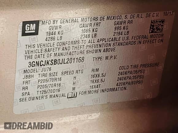 2018 Chevrolet Trax LS с VIN 3GNCJKSB0JL201168, выставлен на аукционе Copart как лот 70941615 с пробегом 69 306 миль миль и Списание • Salvage title. История ставок и продаж доступна на DreamBid. Изображение 13.