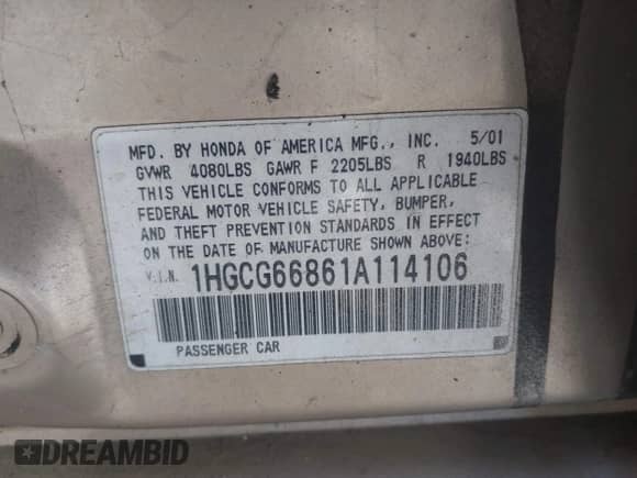 2001 Honda Accord EX z VIN 1HGCG66861A114106, wystawiony jako IAAI lot #42385834 z przebiegiem 172 395 mil mil oraz . Historia ofert i sprzedaży dostępna na DreamBid. Obrazek 9.