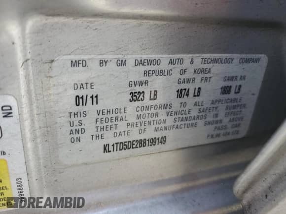 2011 Chevrolet Aveo 1LT with VIN KL1TD5DE2BB199149, listed as a Copart auction lot 60647825 with 100,834 mi miles and Salvage title. Bid and sale history available at DreamBid. Image 13.