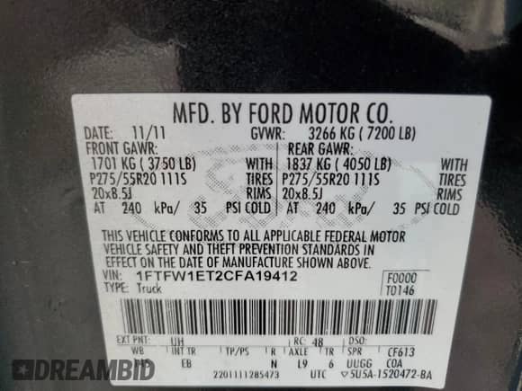 2012 Ford F-150 XL with VIN 1FTFW1ET2CFA19412, listed as a Copart auction lot 83944645 with 216,827 mi miles and Salvage title. Bid and sale history available at DreamBid. Image 12.