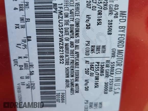 1998 Ford Explorer XLT с VIN 1FMZU35P3WZB21852, выставлен на аукционе Copart как лот 49007685 с пробегом 132 034 миль миль и Списание • Salvage title. История ставок и продаж доступна на DreamBid. Изображение 13.