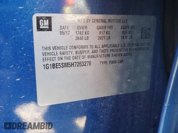 2017 Chevrolet Cruze LT z VIN 1G1BE5SM5H7263278, wystawiony jako Copart lot #86672705 z przebiegiem Nie podano mil oraz Szkoda całkowita • Salvage title. Historia ofert i sprzedaży dostępna na DreamBid. Obrazek 13.