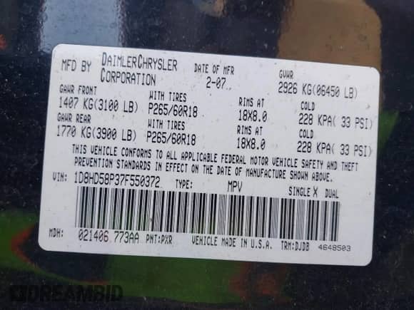 2007 Dodge Durango with VIN 1D8HD58P37F550372, listed as a IAAI auction lot 41353778 with 174,119 mi miles and . Bid and sale history available at DreamBid. Image 9.