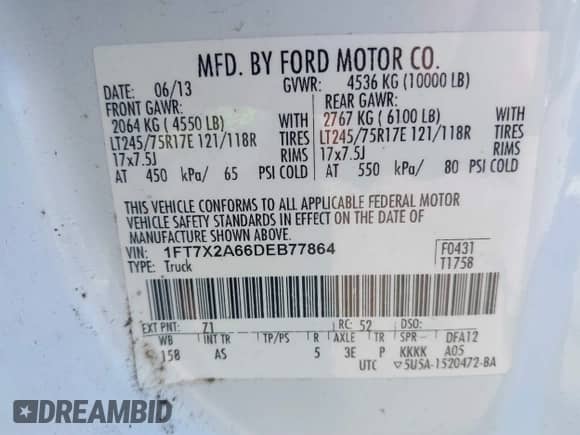 2013 Ford F-250 XL z VIN 1FT7X2A66DEB77864, wystawiony jako IAAI lot #41464637 z przebiegiem 289 428 mil mil oraz . Historia ofert i sprzedaży dostępna na DreamBid. Obrazek 9.