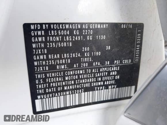 2017 Volkswagen Tiguan Sport с VIN WVGUV7AX0HW512062, выставлен на аукционе IAAI как лот 41905680 с пробегом 106 922 миль миль и . История ставок и продаж доступна на DreamBid. Изображение 9.