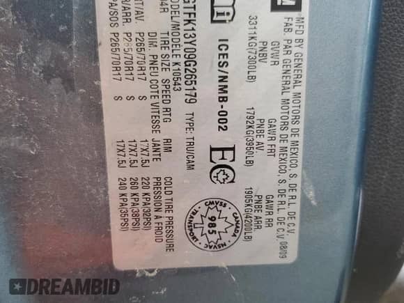 2009 GMC Sierra 1500 z VIN 3GTFK13Y09G265179, wystawiony jako Copart lot #51160325 z przebiegiem 334 390 mil mil oraz Szkoda całkowita • Salvage title. Historia ofert i sprzedaży dostępna na DreamBid. Obrazek 13.