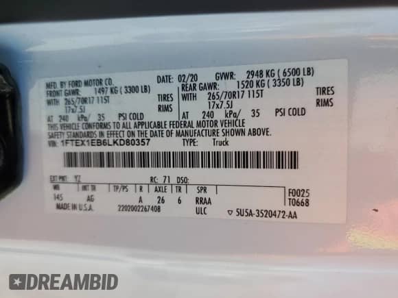 2020 Ford F-150 XL with VIN 1FTEX1EB6LKD80357, listed as a Copart auction lot 48375575 with 29,498 mi miles and Salvage title. Bid and sale history available at DreamBid. Image 12.