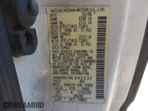 2006 Nissan Frontier XE with VIN 1N6BD06T46C445537, listed as a IAAI auction lot 43177910 with 123,032 mi miles and . Bid and sale history available at DreamBid. Image 9.
