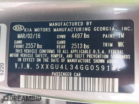 2016 Kia Optima EX with VIN 5XXGU4L34GG059142, listed as a IAAI auction lot 43519874 with 141,445 mi miles and . Bid and sale history available at DreamBid. Image 9.