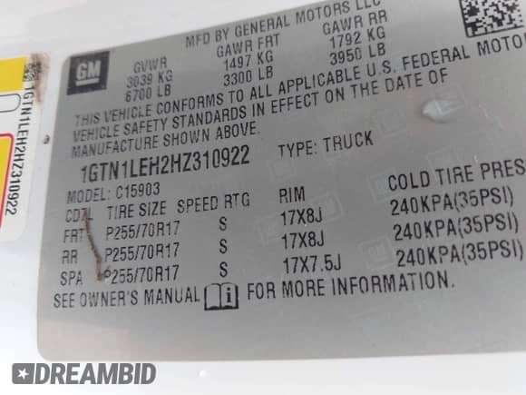 2017 GMC Sierra 1500 with VIN 1GTN1LEH2HZ310922, listed as a IAAI auction lot 42407465 with Not provided miles and . Bid and sale history available at DreamBid. Image 9.