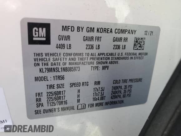 2022 Chevrolet TrailBlazer LS with VIN KL79MNSL1NB085973, listed as a Copart auction lot 49443215 with 63,289 mi miles and Salvage title. Bid and sale history available at DreamBid. Image 14.