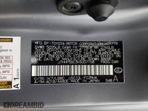 2019 Lexus RC F with VIN JTHHP5BC3K5007158, listed as a Copart auction lot 68089145 with 55,030 mi miles and Salvage title. Bid and sale history available at DreamBid. Image 12.