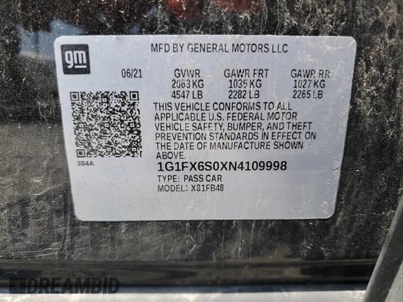 2022 Chevrolet Bolt EV 2LT с VIN 1G1FX6S0XN4109998, выставлен на аукционе Copart как лот 59730595 с пробегом 66 431 миль миль и Списание • Salvage title. История ставок и продаж доступна на DreamBid. Изображение 12.