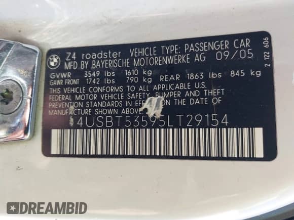 2005 BMW Z4 3.0i с VIN 4USBT53595LT29154, выставлен на аукционе IAAI как лот 42104835 с пробегом 254 977 миль миль и . История ставок и продаж доступна на DreamBid. Изображение 9.