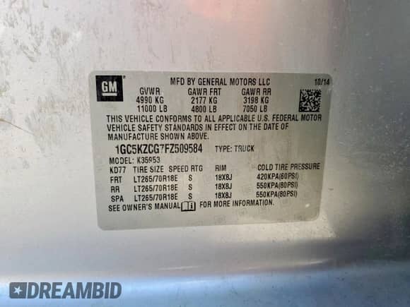 2015 Chevrolet Silverado 3500 with VIN 1GC5KZCG7FZ509584, listed as a Copart auction lot 85346465 with 228,656 mi miles and Salvage title. Bid and sale history available at DreamBid. Image 12.