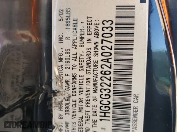 2002 Honda Accord with VIN 1HGCG32262A027033, listed as a Copart auction lot 47033855 with Not provided miles and Non repairable. Bid and sale history available at DreamBid. Image 12.