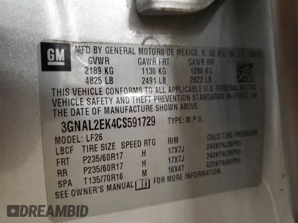 2012 Chevrolet Captiva Sport LS with VIN 3GNAL2EK4CS591729, listed as a Copart auction lot 77488834 with 182,738 mi miles and Salvage title. Bid and sale history available at DreamBid. Image 13.