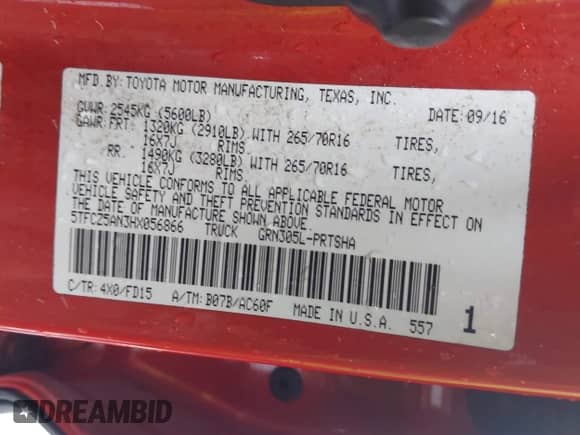 2017 Toyota Tacoma TRD Off Road z VIN 5TFCZ5AN3HX056866, wystawiony jako IAAI lot #43322918 z przebiegiem 125 733 mil mil oraz . Historia ofert i sprzedaży dostępna na DreamBid. Obrazek 9.
