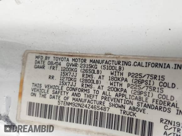 2004 Toyota Tacoma PreRunner z VIN 5TENM92N24Z465487, wystawiony jako IAAI lot #42988590 z przebiegiem 217 813 mil mil oraz . Historia ofert i sprzedaży dostępna na DreamBid. Obrazek 9.