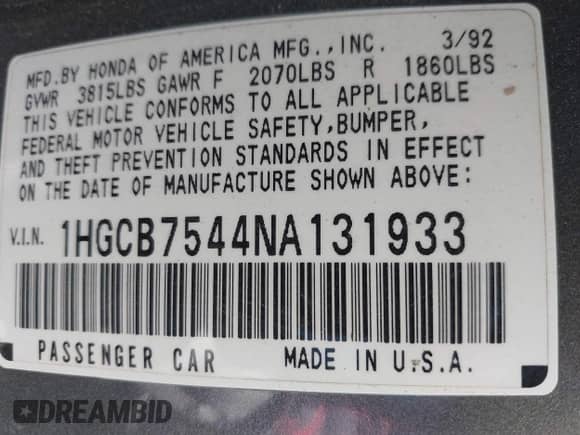 1992 Honda Accord с VIN 1HGCB7544NA131933, выставлен на аукционе IAAI как лот 41771206 с пробегом 169 813 миль миль и . История ставок и продаж доступна на DreamBid. Изображение 9.