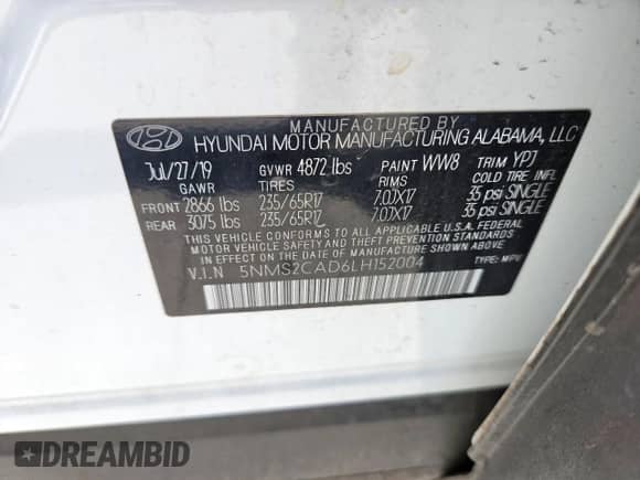 2020 Hyundai Santa Fe SE with VIN 5NMS2CAD6LH152004, listed as a Copart auction lot 69036565 with 77,411 mi miles and Salvage title. Bid and sale history available at DreamBid. Image 13.
