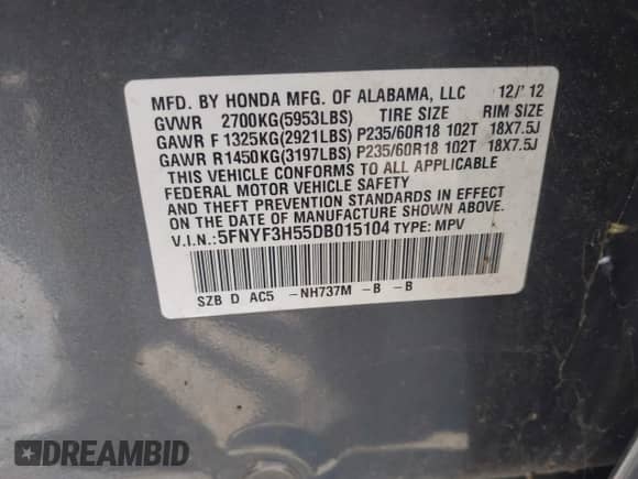 2013 Honda Pilot EX-L with VIN 5FNYF3H55DB015104, listed as a IAAI auction lot 43291700 with 176,544 mi miles and . Bid and sale history available at DreamBid. Image 9.