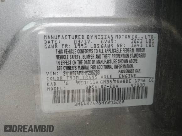 2017 Nissan Sentra SV with VIN 3N1AB7AP8HY295288, listed as a Copart auction lot 90052505 with 126,422 mi miles and Salvage title. Bid and sale history available at DreamBid. Image 12.