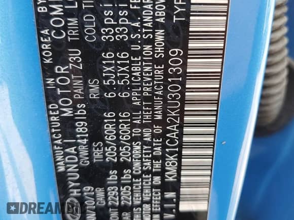2019 Hyundai Kona SE with VIN KM8K1CAA2KU301309, listed as a Copart auction lot 60661265 with 122,273 mi miles and Salvage title. Bid and sale history available at DreamBid. Image 12.
