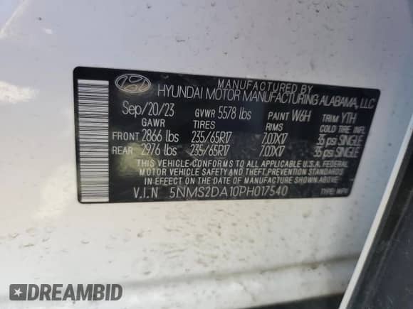 2023 Hyundai Santa Fe Blue с VIN 5NMS2DA10PH017540, выставлен на аукционе Copart как лот 55327605 с пробегом 26 048 миль миль и Списание • Salvage title. История ставок и продаж доступна на DreamBid. Изображение 14.
