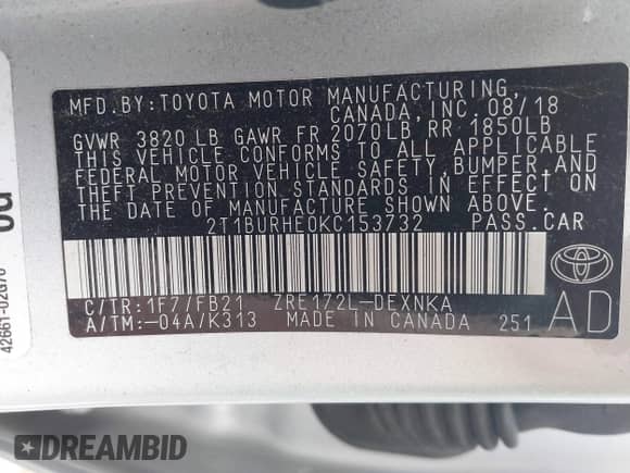 2019 Toyota Corolla L с VIN 2T1BURHE0KC153732, выставлен на аукционе IAAI как лот 43056439 с пробегом 59 758 миль миль и . История ставок и продаж доступна на DreamBid. Изображение 9.