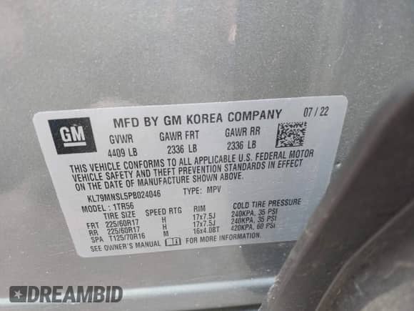 2023 Chevrolet TrailBlazer LS with VIN KL79MNSL5PB024046, listed as a IAAI auction lot 42336591 with 34,107 mi miles and . Bid and sale history available at DreamBid. Image 9.