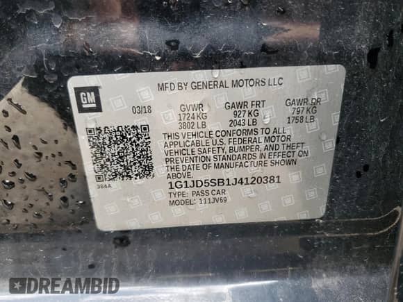 2018 Chevrolet Sonic LT с VIN 1G1JD5SB1J4120381, выставлен на аукционе Copart как лот 70297745 с пробегом 62 168 миль миль и Списание • Salvage title. История ставок и продаж доступна на DreamBid. Изображение 12.