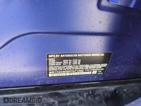 2023 BMW i4 M50 with VIN WBY33AW06PFN71595, listed as a Copart auction lot 61422005 with 34,241 mi miles and Salvage title. Bid and sale history available at DreamBid. Image 12.