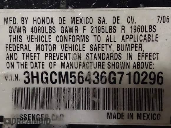 2006 Honda Accord LX with VIN 3HGCM56436G710296, listed as a IAAI auction lot 41364043 with 128,234 mi miles and . Bid and sale history available at DreamBid. Image 9.