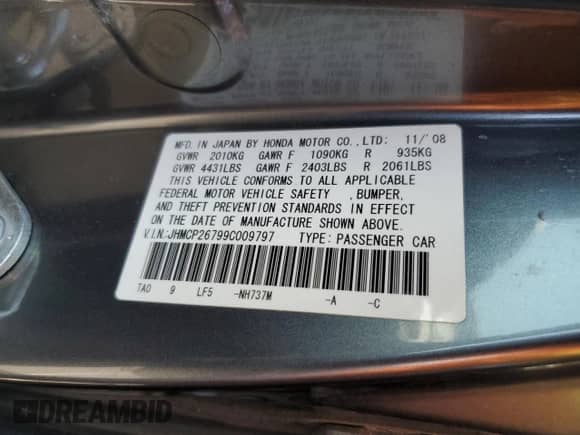 2009 Honda Accord EX с VIN JHMCP26799C009797, выставлен на аукционе Copart как лот 85318715 с пробегом 102 322 миль миль и Списание • Salvage title. История ставок и продаж доступна на DreamBid. Изображение 12.