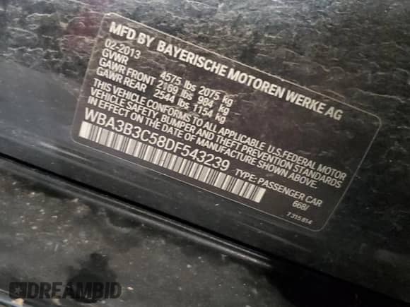 2013 BMW 3 Series 328i xDrive with VIN WBA3B3C58DF543239, listed as a Copart auction lot 85844875 with 190,711 mi miles and Salvage title. Bid and sale history available at DreamBid. Image 12.