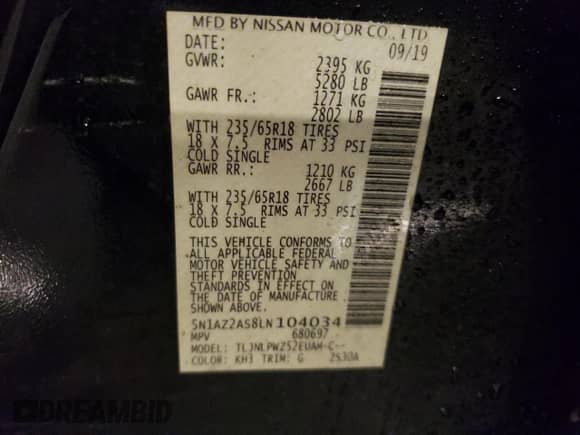 2020 Nissan Murano S with VIN 5N1AZ2AS8LN104034, listed as a Copart auction lot 82261555 with 147,428 mi miles and Salvage title. Bid and sale history available at DreamBid. Image 13.