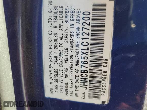 1990 Honda Accord LX z VIN JHMCB765XLC127200, wystawiony jako Copart lot #80770574 z przebiegiem 142 628 mil mil oraz Szkoda całkowita • Salvage title. Historia ofert i sprzedaży dostępna na DreamBid. Obrazek 15.