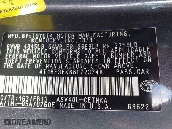 2011 Toyota Camry LE с VIN 4T1BF3EK6BU723748, выставлен на аукционе IAAI как лот 43332194 с пробегом 117 808 миль миль и . История ставок и продаж доступна на DreamBid. Изображение 9.